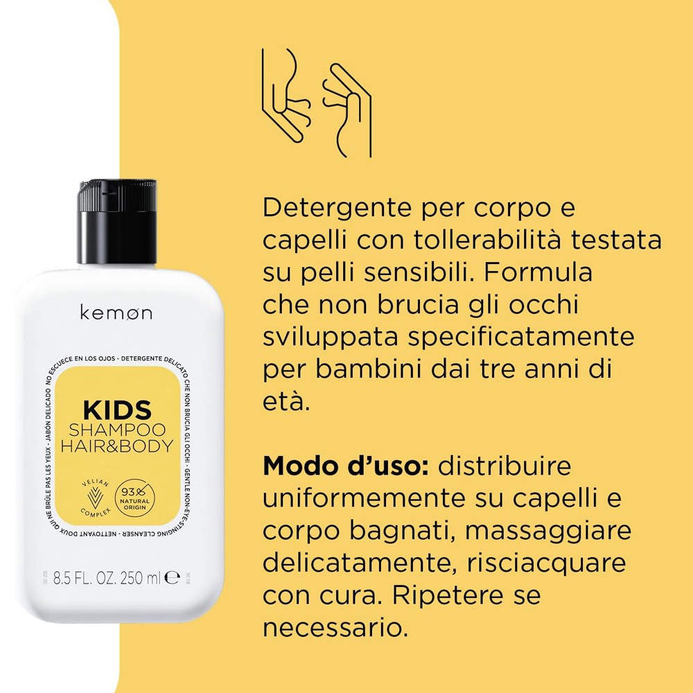 Kemon - Jabón Delicado para Niños Hair Care Kids Shampoo Hair & Body 250 ml
