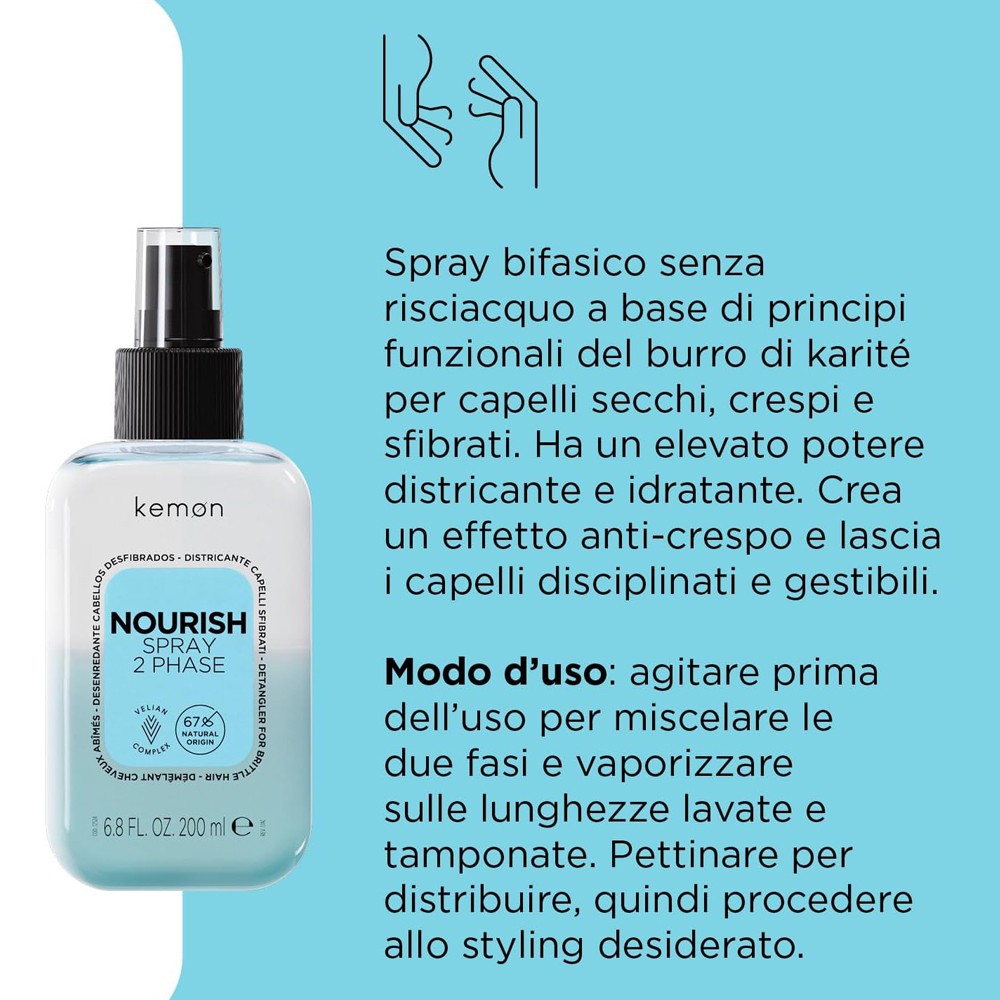 Kemon - Spray Desenredante para Cabellos Desfibrados Hair Care Nourish Spray 2 Phase 200 ml